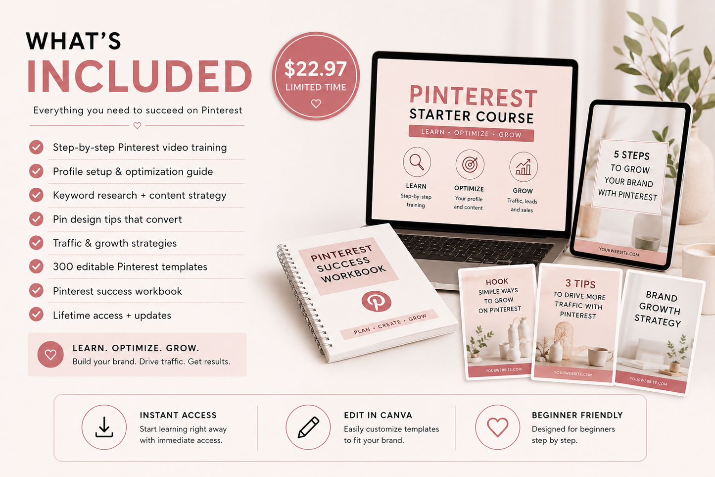 Pinterest Starter Course + 300 Editable Templates | Beginner Pinterest Marketing Guide for Digital Product Sellers