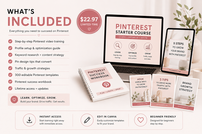 Pinterest Starter Course + 300 Editable Templates | Beginner Pinterest Marketing Guide for Digital Product Sellers